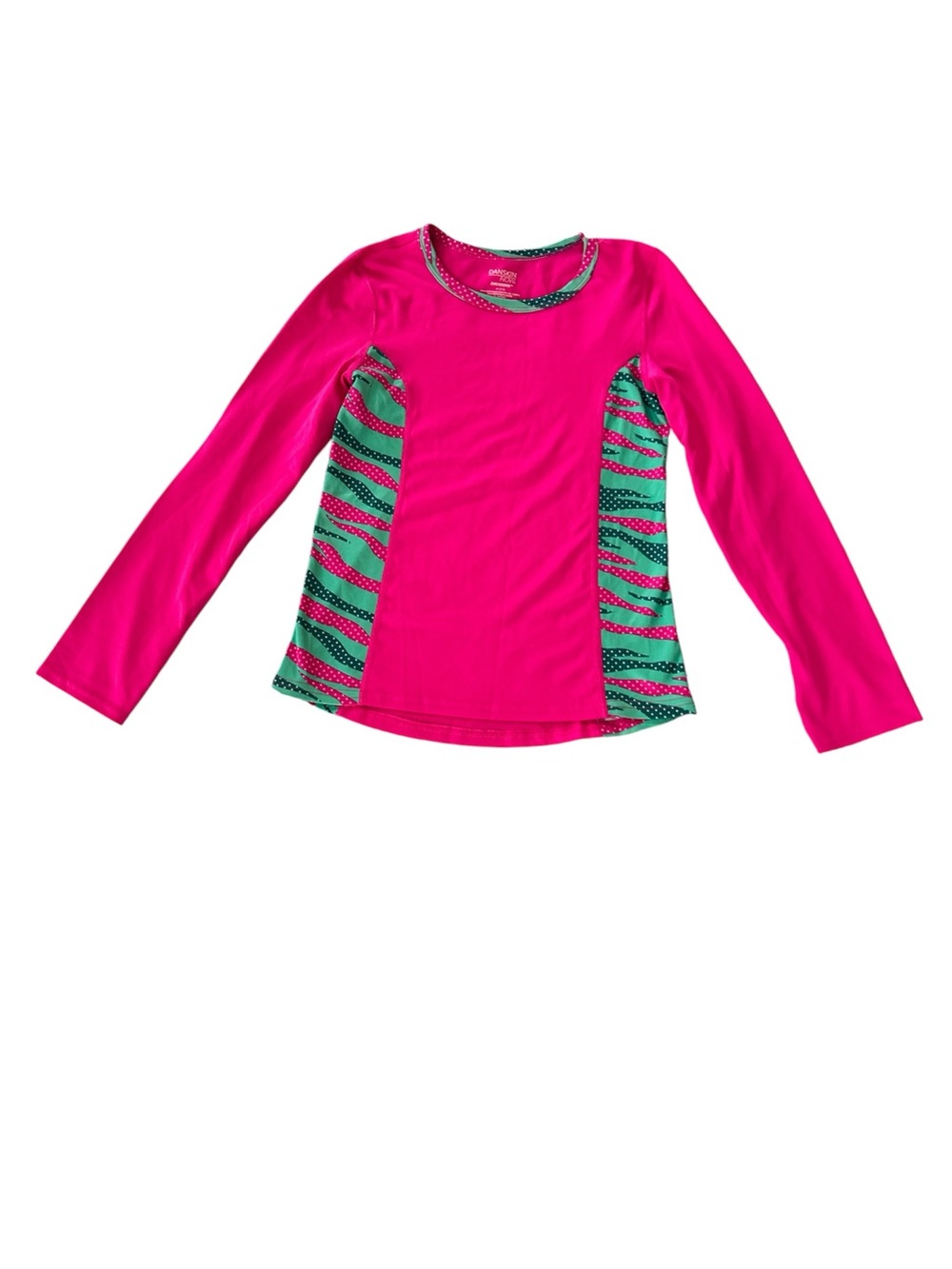 Danskin Now Bright Pink Long-Sleeve Top with Teal Patterned Side Panels